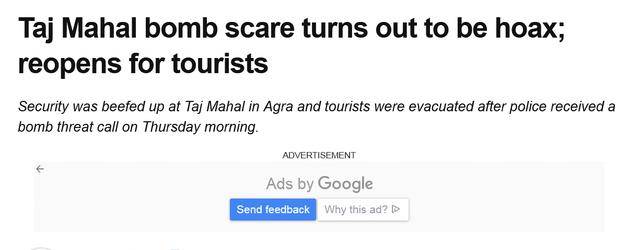 印度媒体称泰姬陵遭炸弹威胁是骗局，景区已重新开放