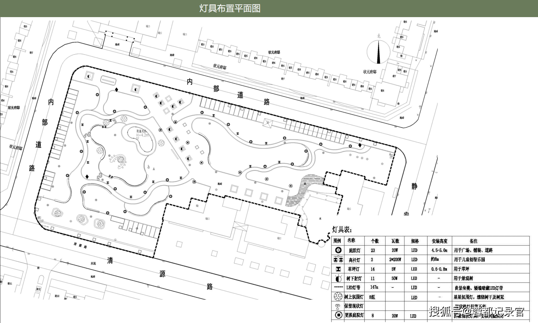 高杆灯,庭院灯,树下射灯,树上氛围灯,草坪灯等主要的景观灯具,结合