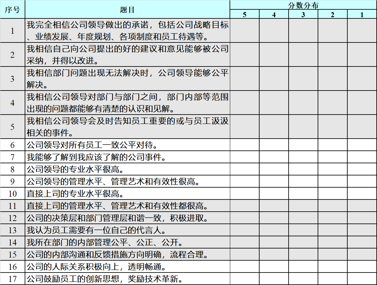 企业员工满意度调查表模板 七 员工对管理满意度调查问卷 进行