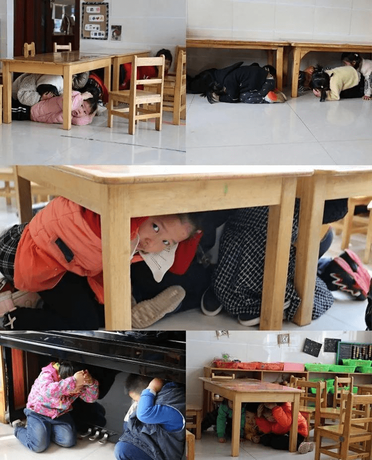 枣庄市台儿庄区实验幼儿园开展了"防震模拟演练"活动