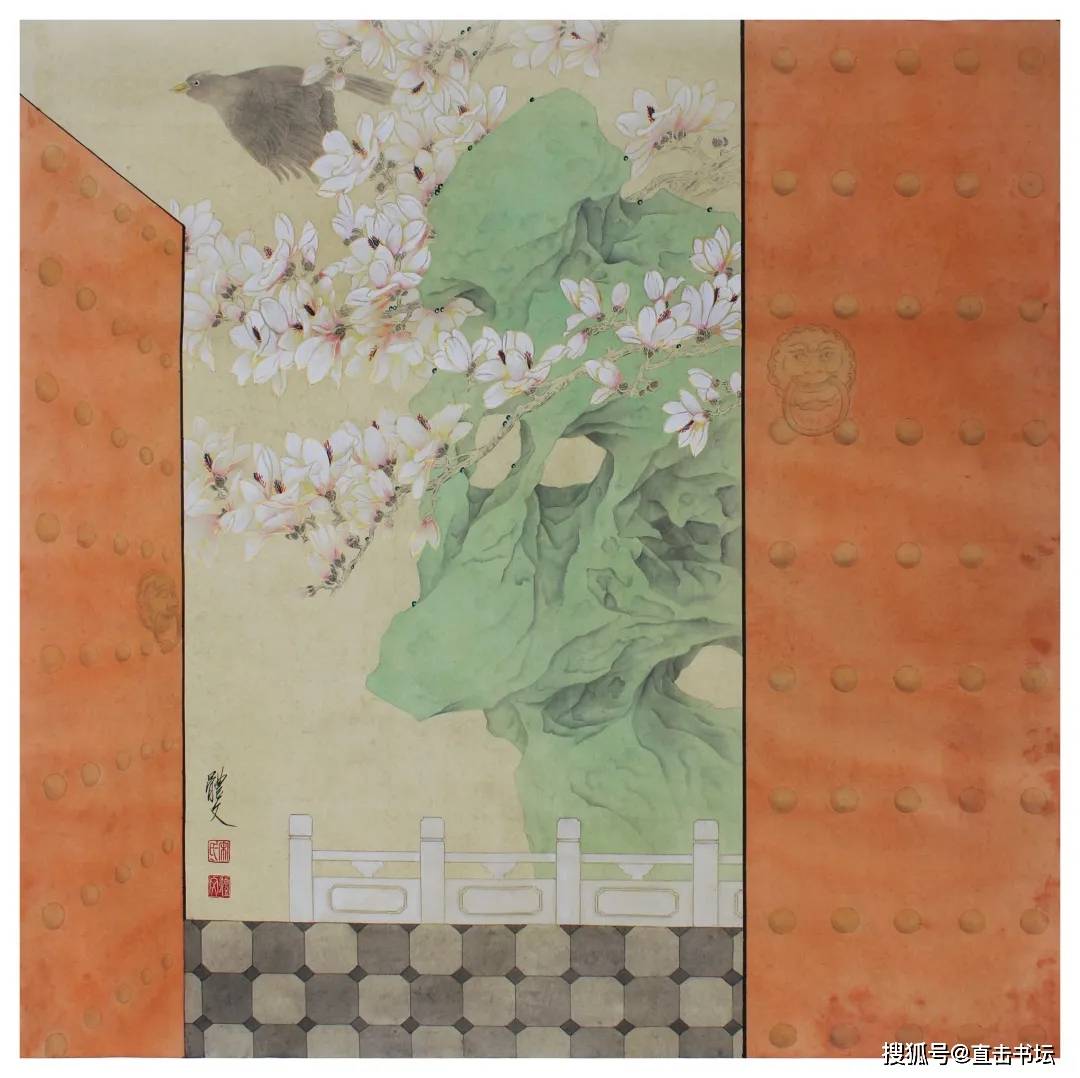 早春 68x68cm宋体文国画作品《早春》观后感朱门轻启,庭院沐春,画家