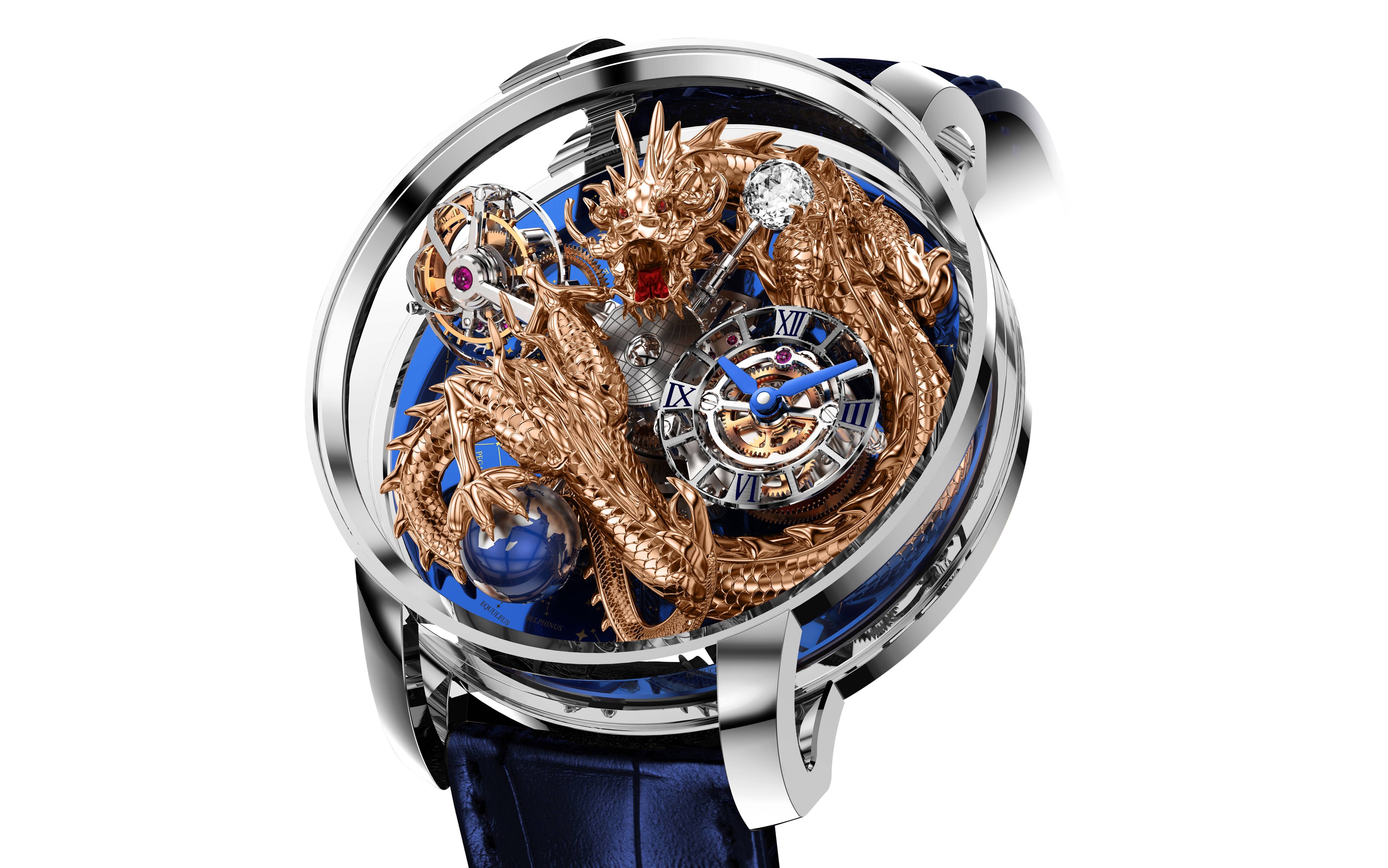 在天体陀飞轮腕表的18k金和蓝宝石水晶表壳中,一只白金材质3d手工浮雕
