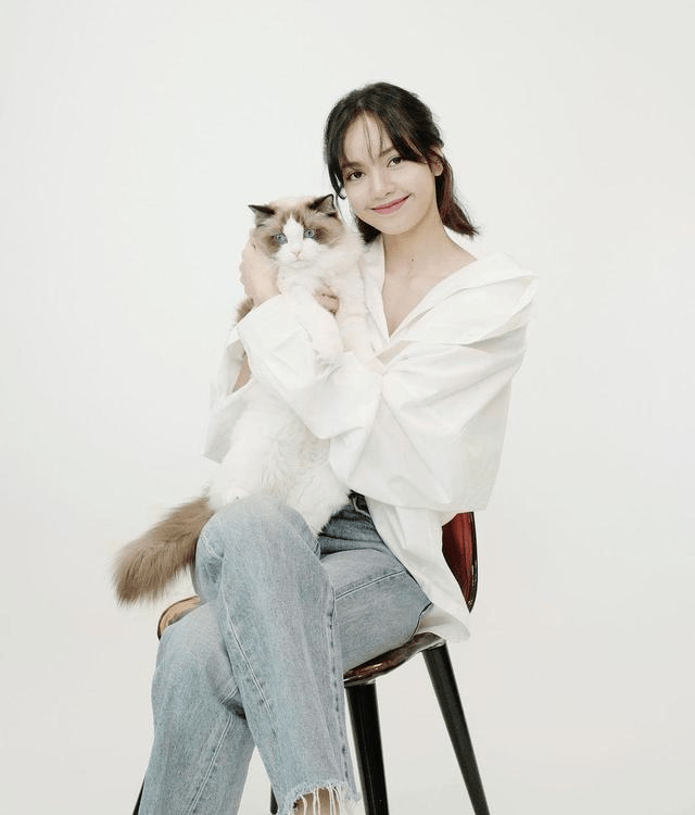 lisa与爱猫合影穿白衬衫配牛仔裤化身清纯温柔小姐姐