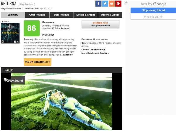 重头|PS5《Returnal》媒体评分解禁 M站均分86，一致好评