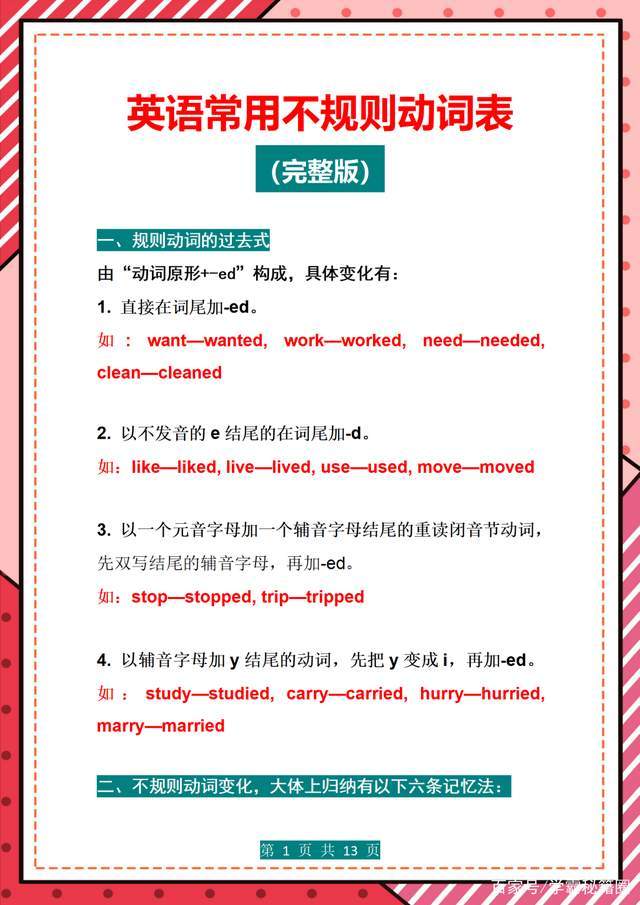 学霸秘籍圈 英语不规则动词表 这样分类记忆 一天搞定 附默写版 考试