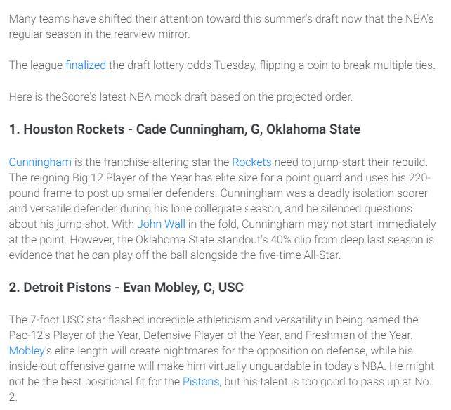 模拟选秀结果出炉!4后卫占据前5,火箭摘下"小东契奇"众望所归