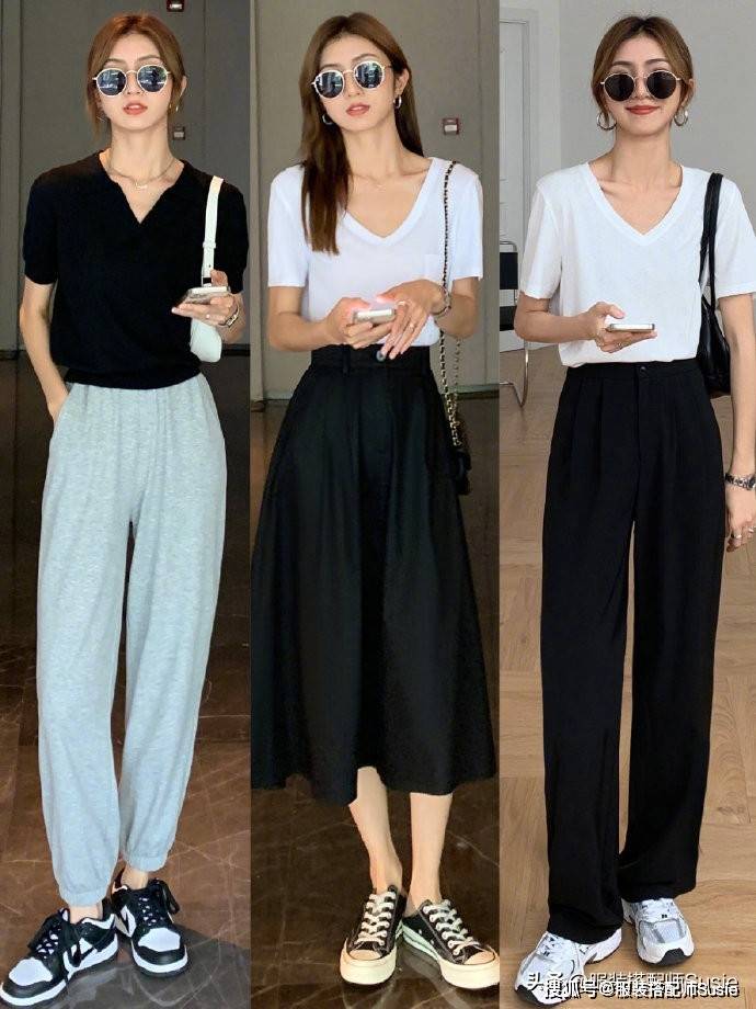 黑白色基础款短袖t恤,教你27套夏日日常气质穿搭