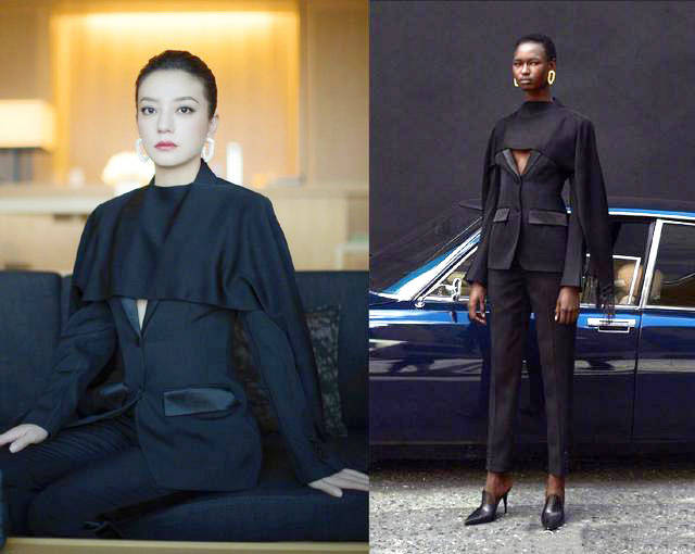 披肩|赵薇身穿黑色西服套装，围巾披肩搭配恨天高，完美彰显霸道女总裁