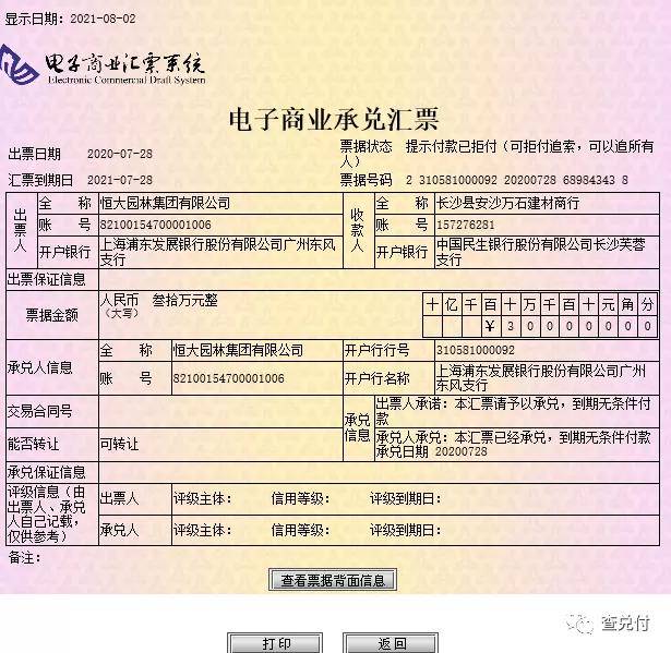 70多万恒大商票到期遭拒付