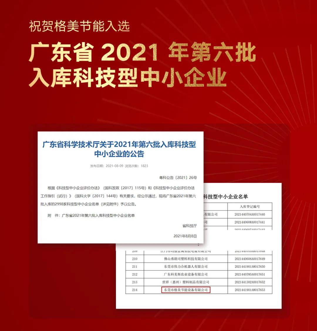 米乐M6喜信！东莞市格美节能装备局限公司失败当选2021年广东省科技型中小企业名(图1)