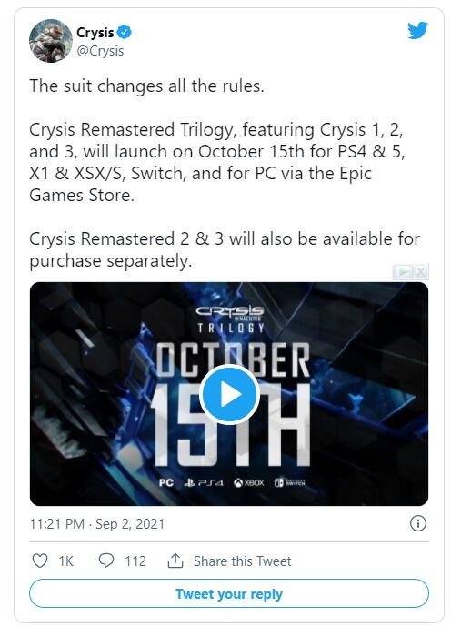 Crytek|《孤岛危机重制版三部曲》10月15日发售 Epic限时独占