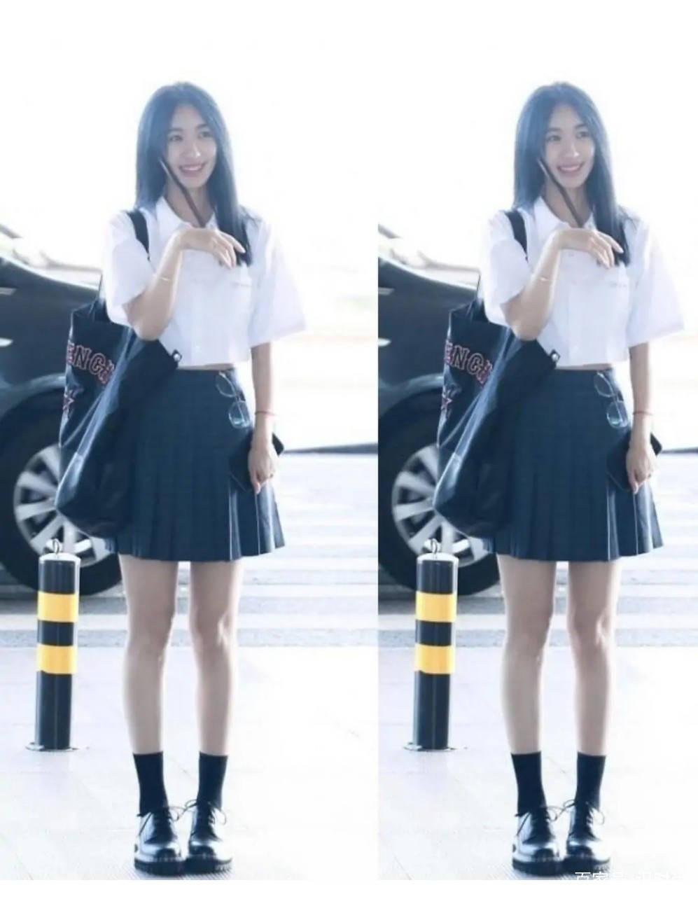 黑色|33岁的李菲儿挺会打扮，学生装搭配清纯可爱，大长腿是格外吸睛