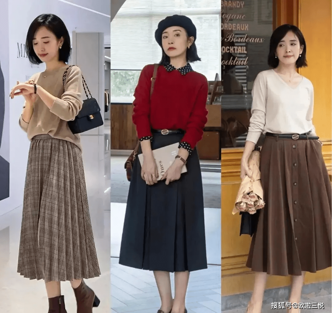 毛衣 40岁女生秋天穿搭：毛衣+半裙的搭配，简约雅致很有女人味