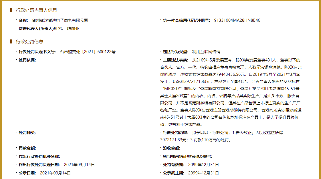 密汐皙迪品牌方因涉嫌传销被罚没资金500万元(图2)