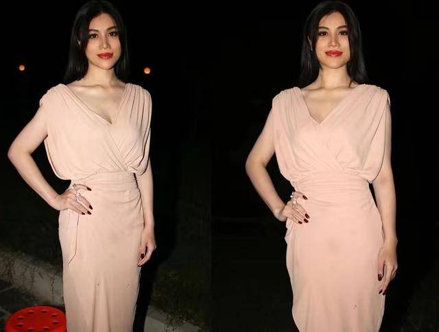 长发 葛天穿裸色长裙配齐肩长发,颇有“港风”女神范