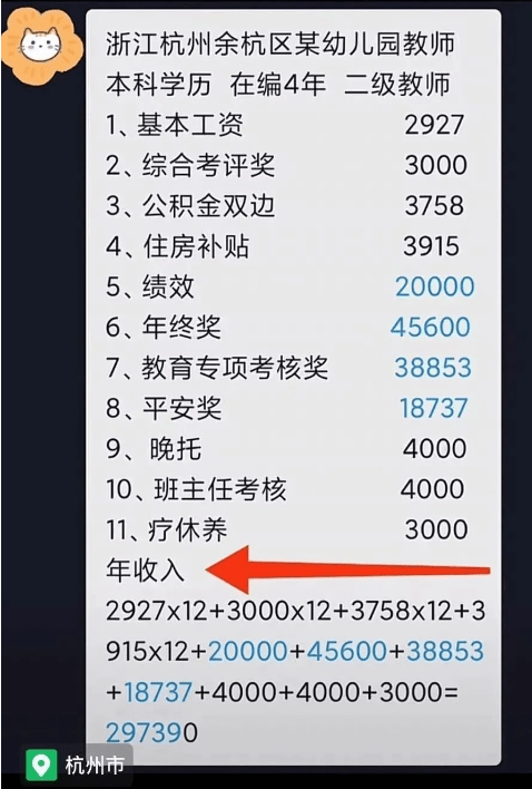 天价|杭州幼儿园“天价”工资单火了，同行老师直摇头，表示心里不平衡