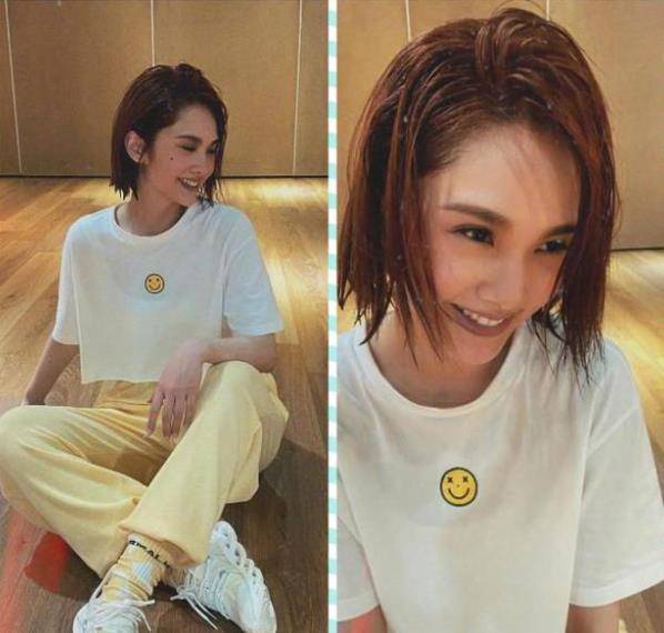 黑色 杨丞琳穿减龄休闲运动装,配一头褐色短发太少女了,不像已婚女人