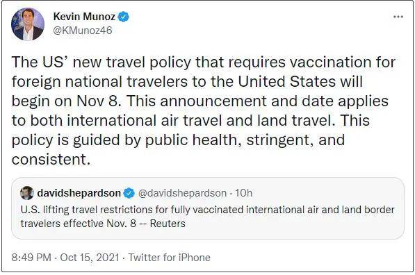美国11月8日全面取消旅行禁令，包括已接种疫苗的中国旅客！