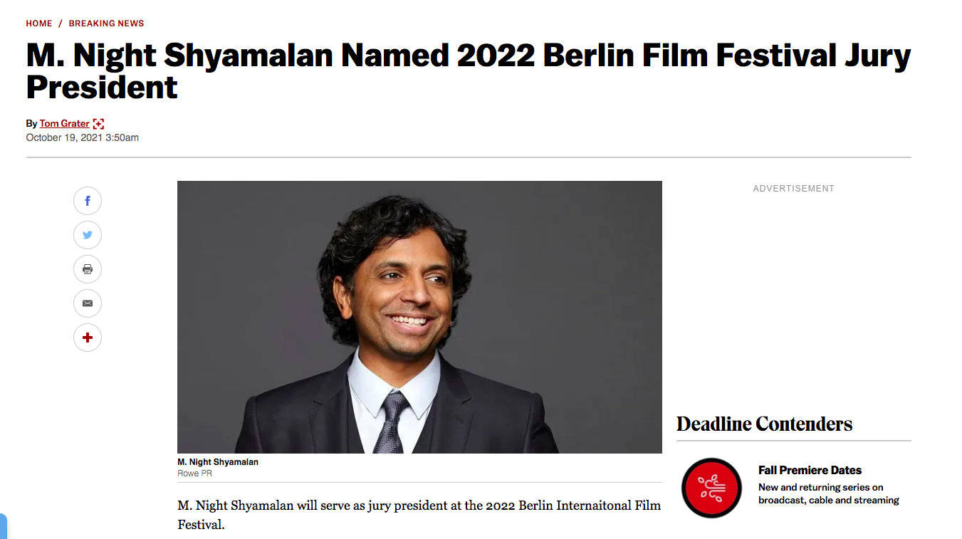 沙马兰将担任柏林电影节评委会主席 代表作有《第六感》