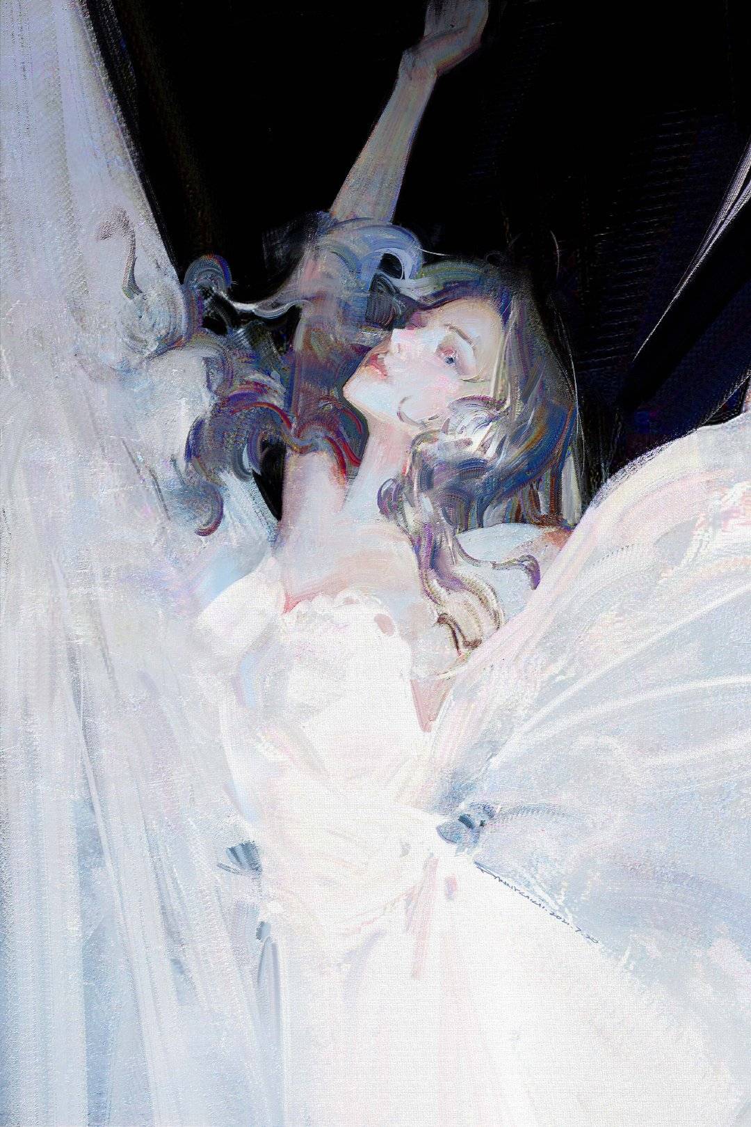 插画 高级油画质感插画作品，笔下的白衣少女太梦幻了