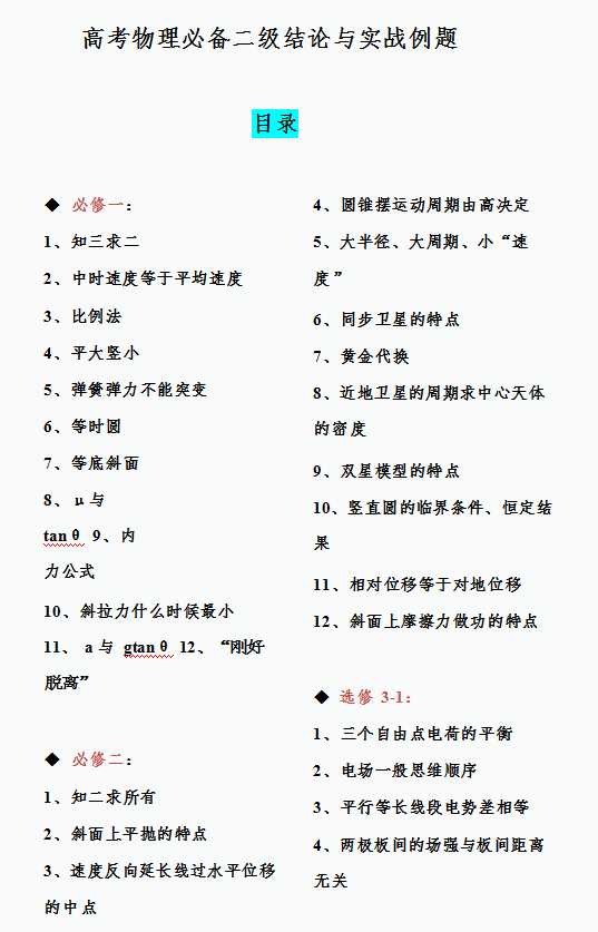 必修|【48页】高考物理65条二级结论（必修+选修），高中生必须掌握的快速解题密码