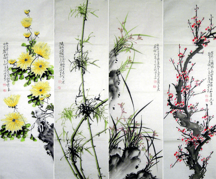 梅 蘭 竹 菊 中国古美術・梅兰竹菊 四条屏画芯・黄永玉印款・彩色画・