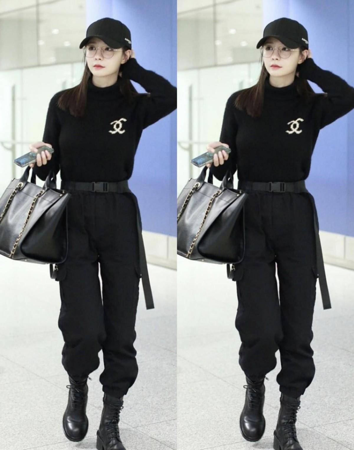 黑色 沈梦辰虽然长得挺甜，但穿着一身黑照样帅气得很，工装裤真显腿长