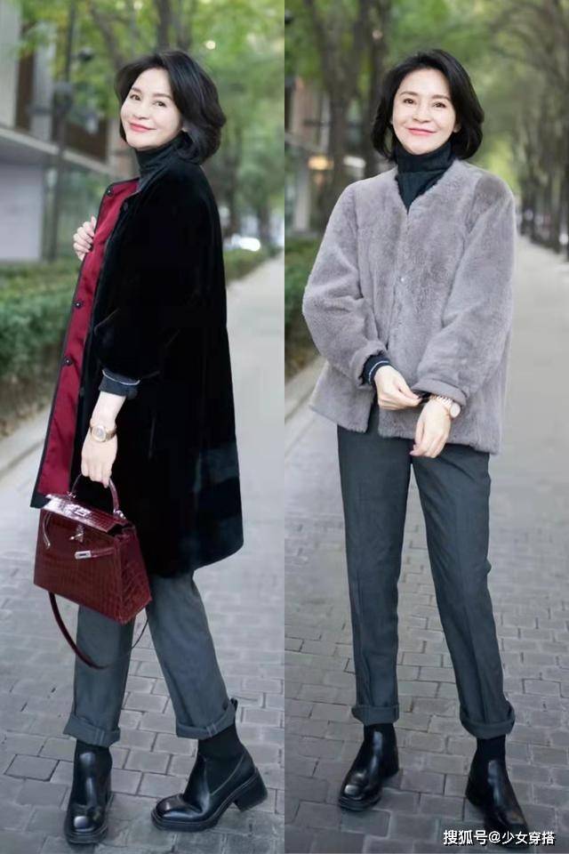 黑色 “大衣+长靴、羽绒服+短靴”才是60+岁女人的秋冬打扮！优雅舒适