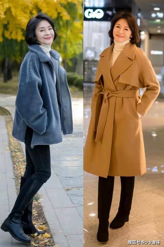 黑色 “大衣+长靴、羽绒服+短靴”才是60+岁女人的秋冬打扮！优雅舒适