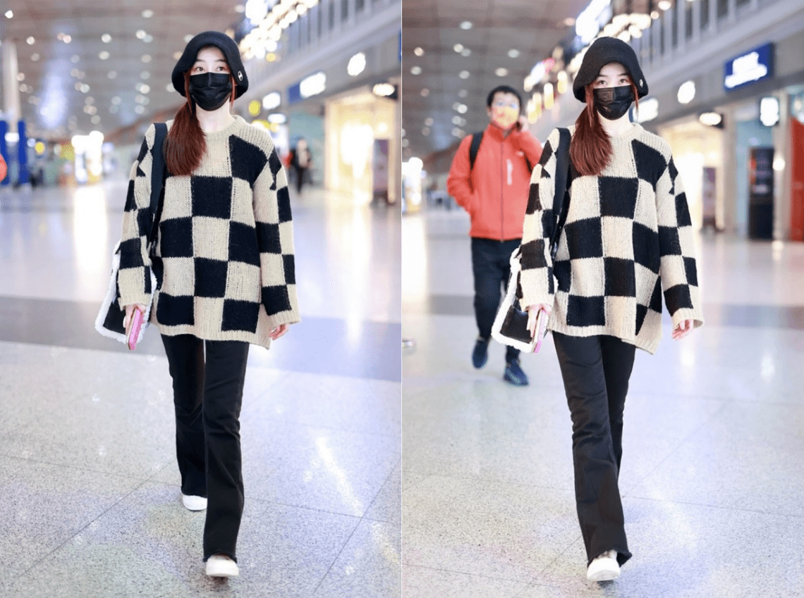 黑色 袁姗姗“健身女王”的名号真不白给，穿宽松毛衣都有好身材，真美