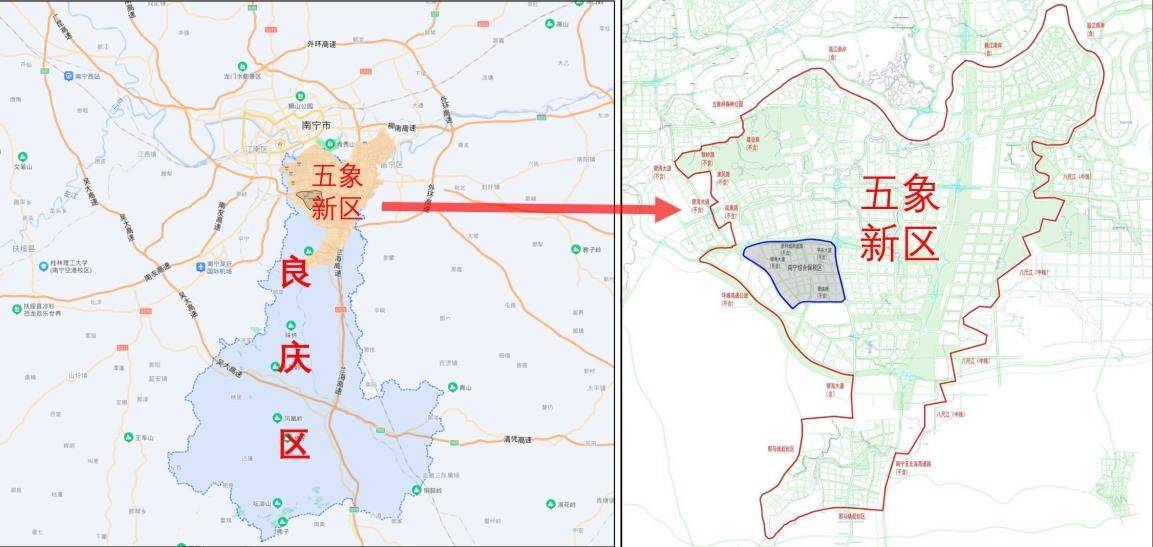 五象新區位於南寧市南部,行政區劃大部分屬於良慶區管轄.