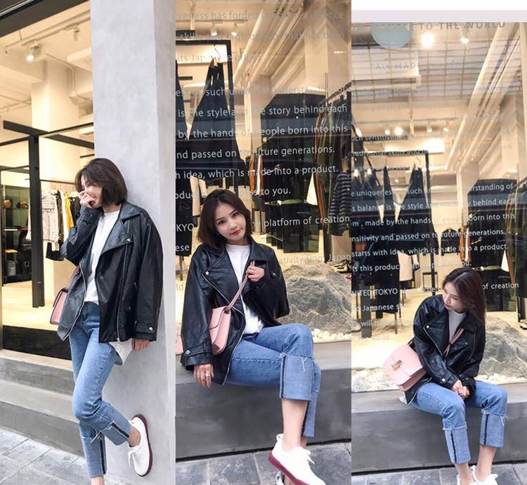 初恋 黑色皮衣外套搭配,与“初恋裤”是绝配