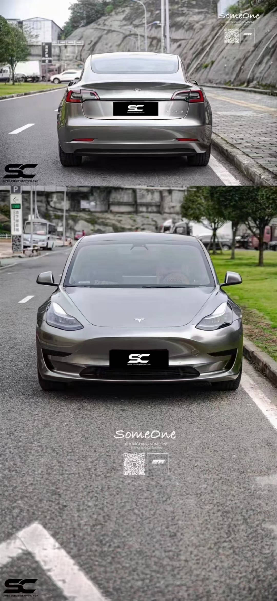 特斯拉model3车身贴膜sc改色膜液态金属银