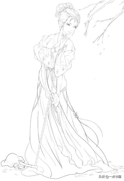 发髻铅笔线描古风美人画法