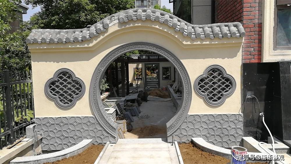 自建中式庭院别墅景观仿古砖雕月洞门安装