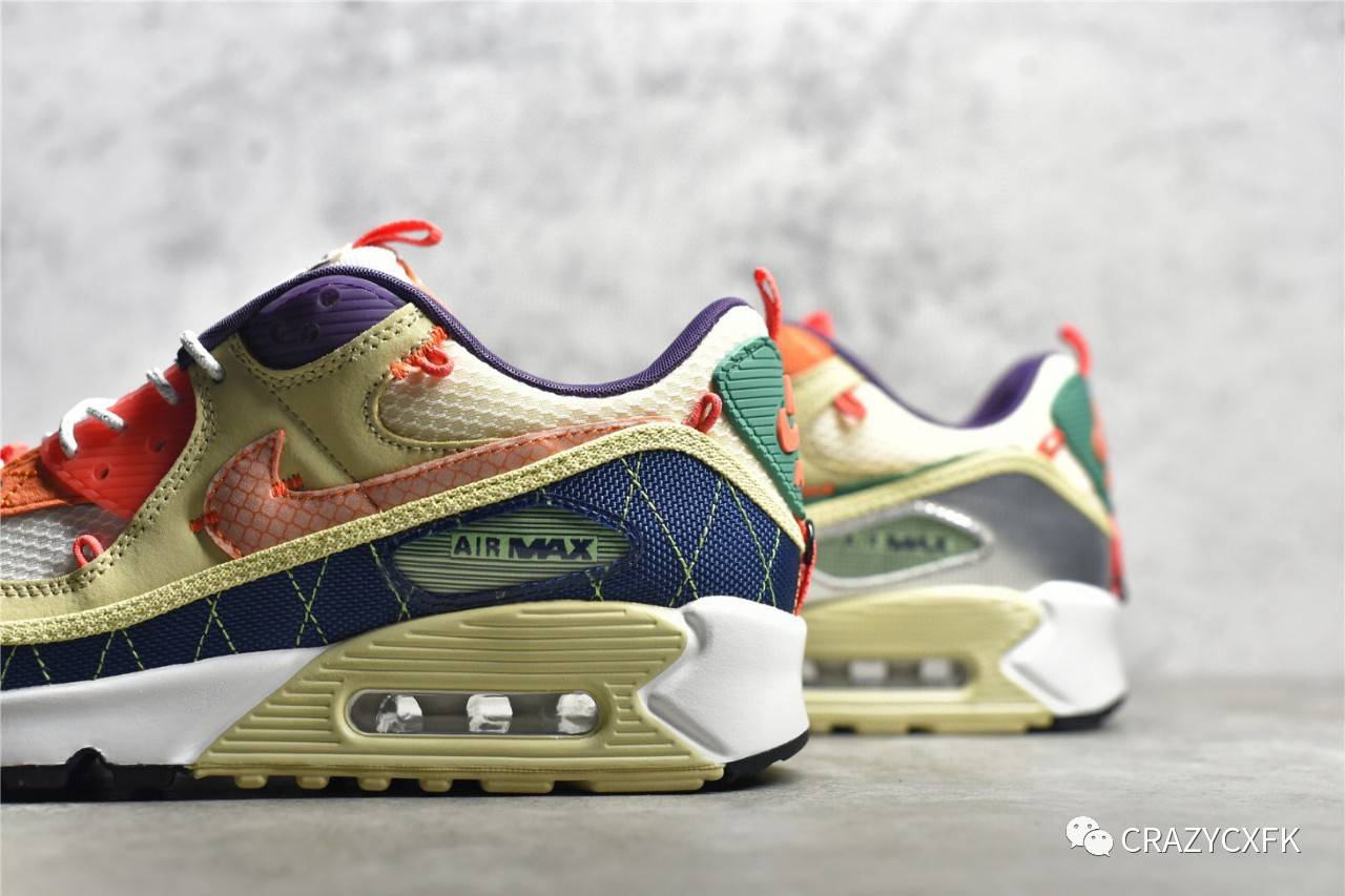 耐克nike air max 90 trai 彩色拼接奶酪黄气垫运动鞋_缝线_纹理_鞋带