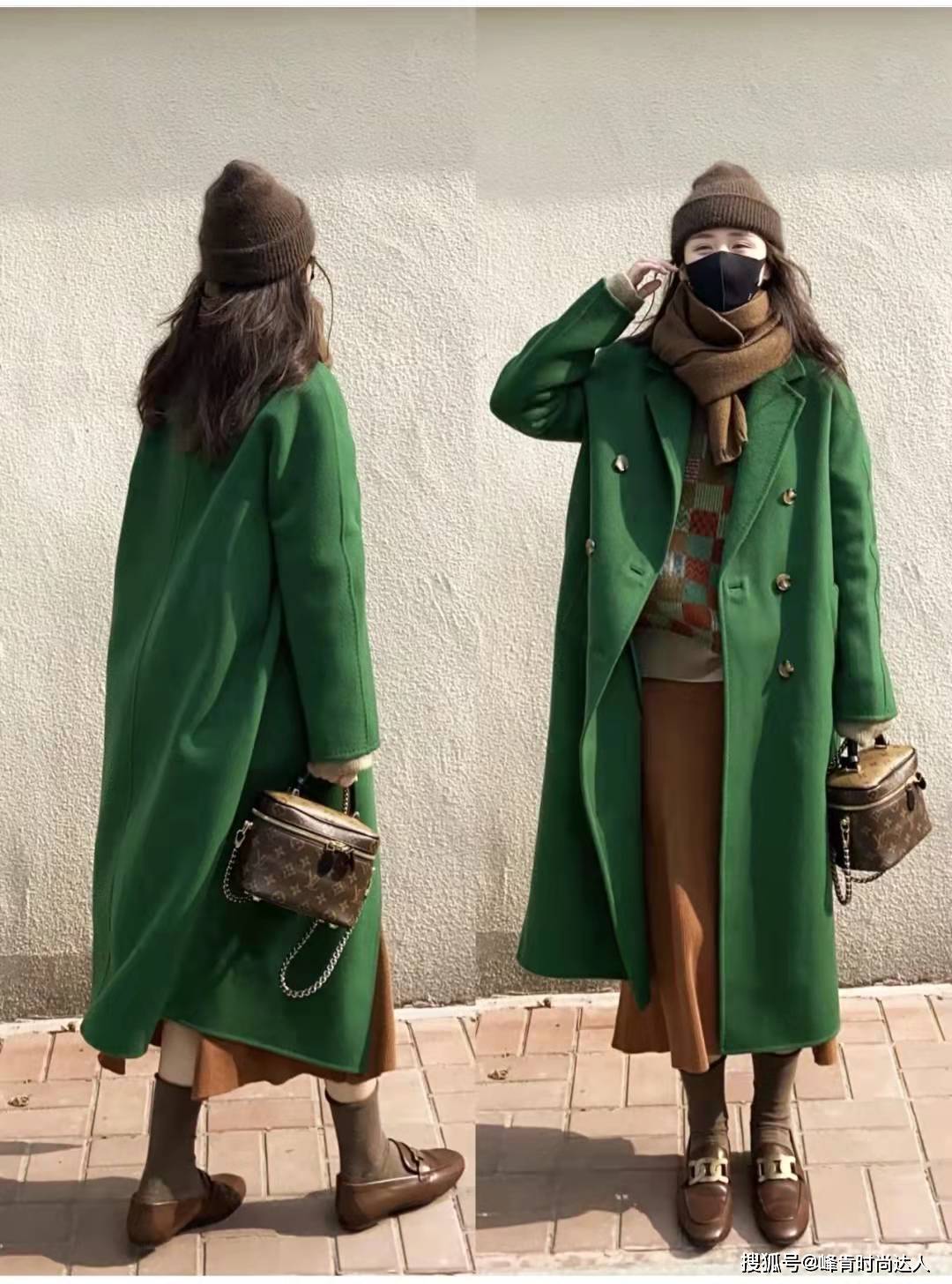 look3 祖母绿大衣 内搭格纹毛衣 绿色半身裙 棕色皮鞋大衣穿搭:第一次