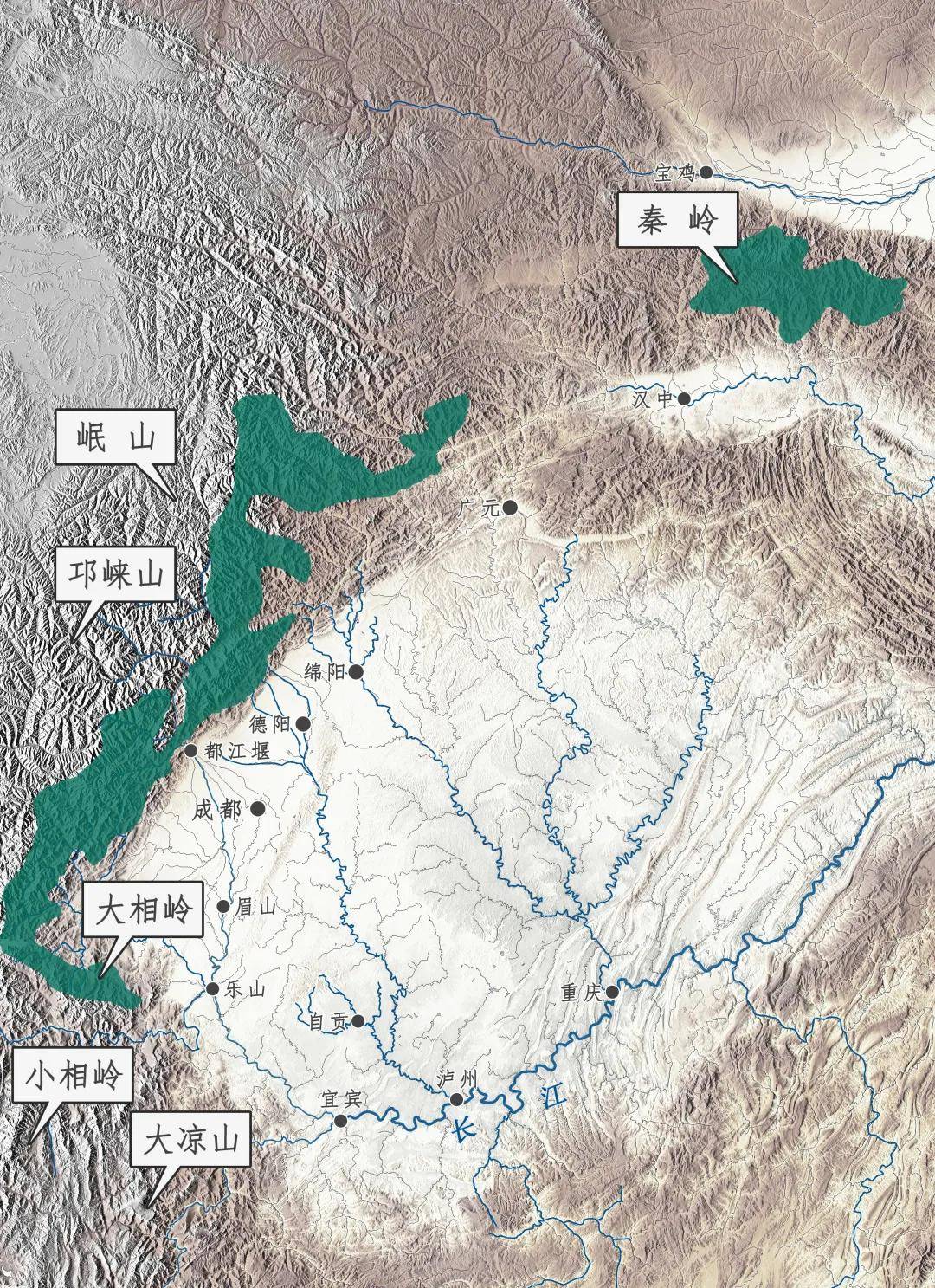 青藏高原向四川盆地过渡的高山峡谷地带,包括岷山,邛崃山,凉山,大相岭