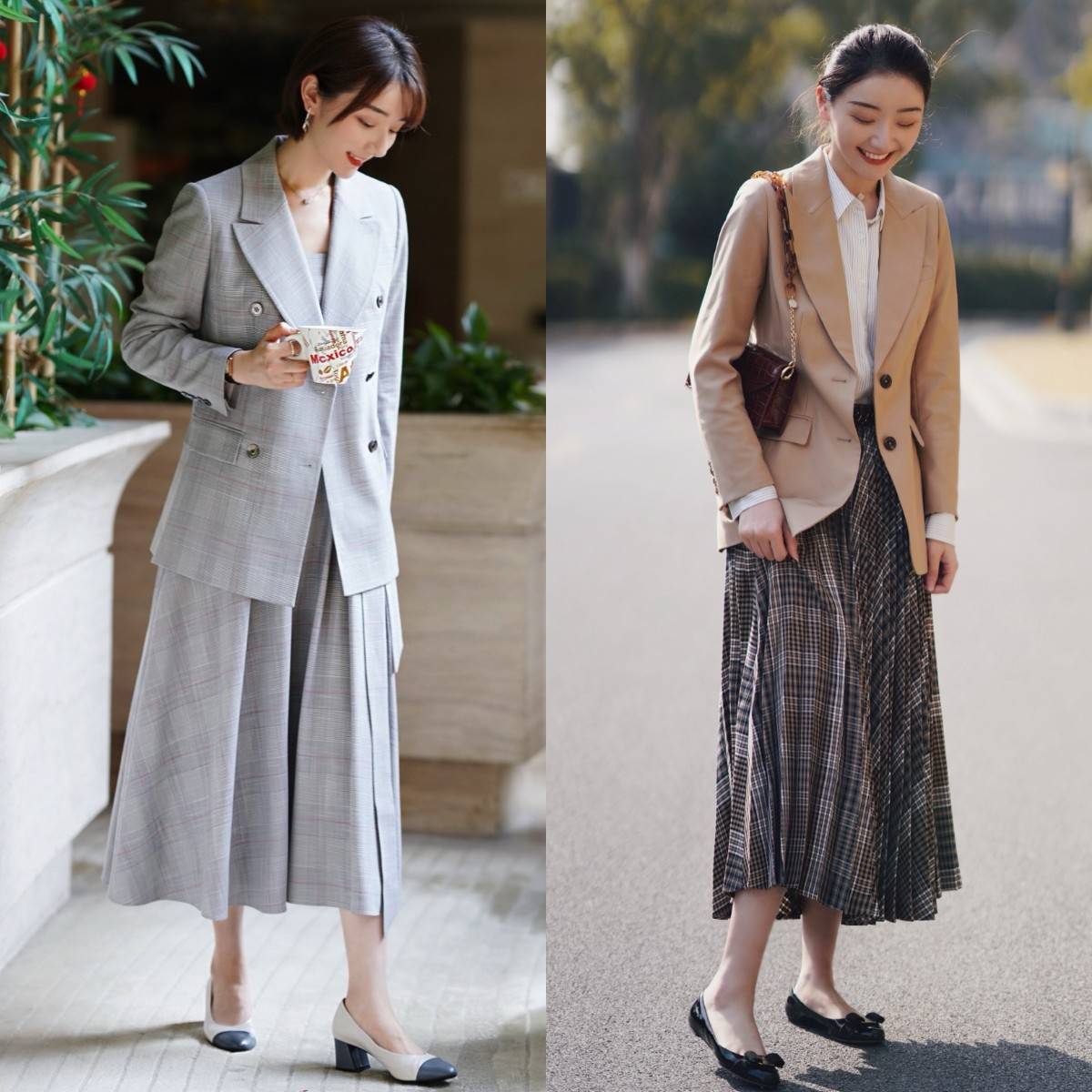 还可从半身裙的面料上着手,比较推荐大家尝试一下针织裙和西装的搭配