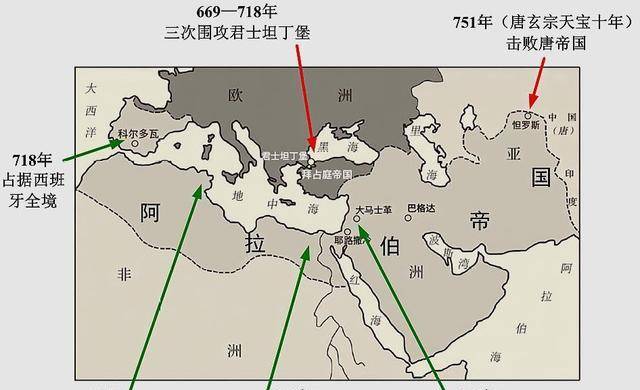 自669年起,阿拉伯帝國海陸並進,三次圍攻君士坦丁堡.