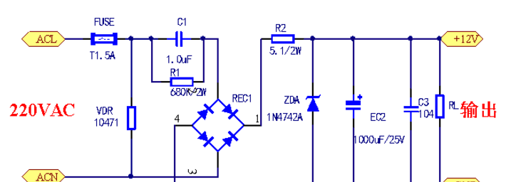 如下圖是阻容降壓電路,電壓輸出12v,採用1n4742a穩壓二極管,它的穩壓