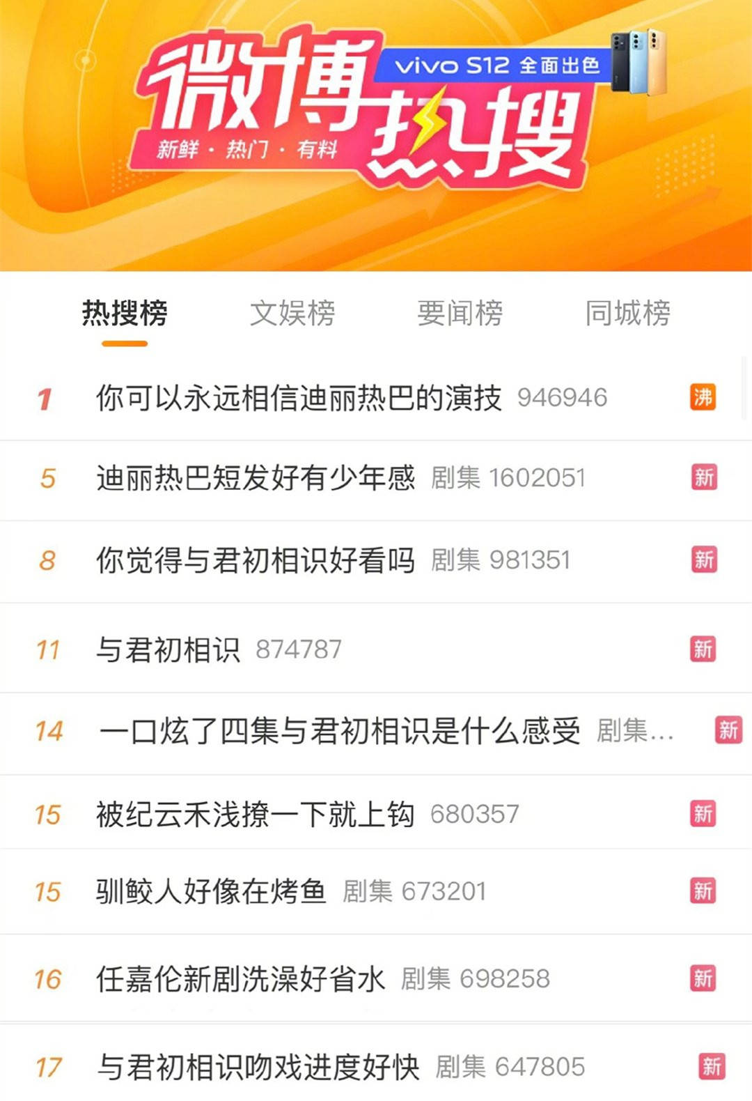 首播6小时平台热度突破970051个微博双榜热搜与君初相识