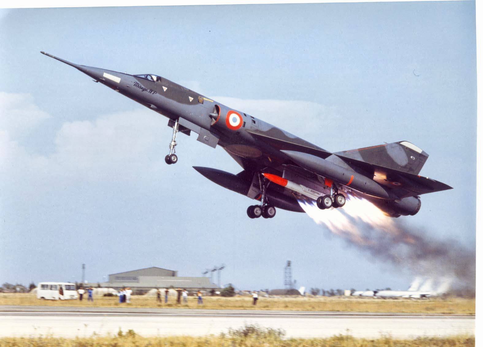Mirage IV taking off with rocket booster, mounted with 1 ASMP