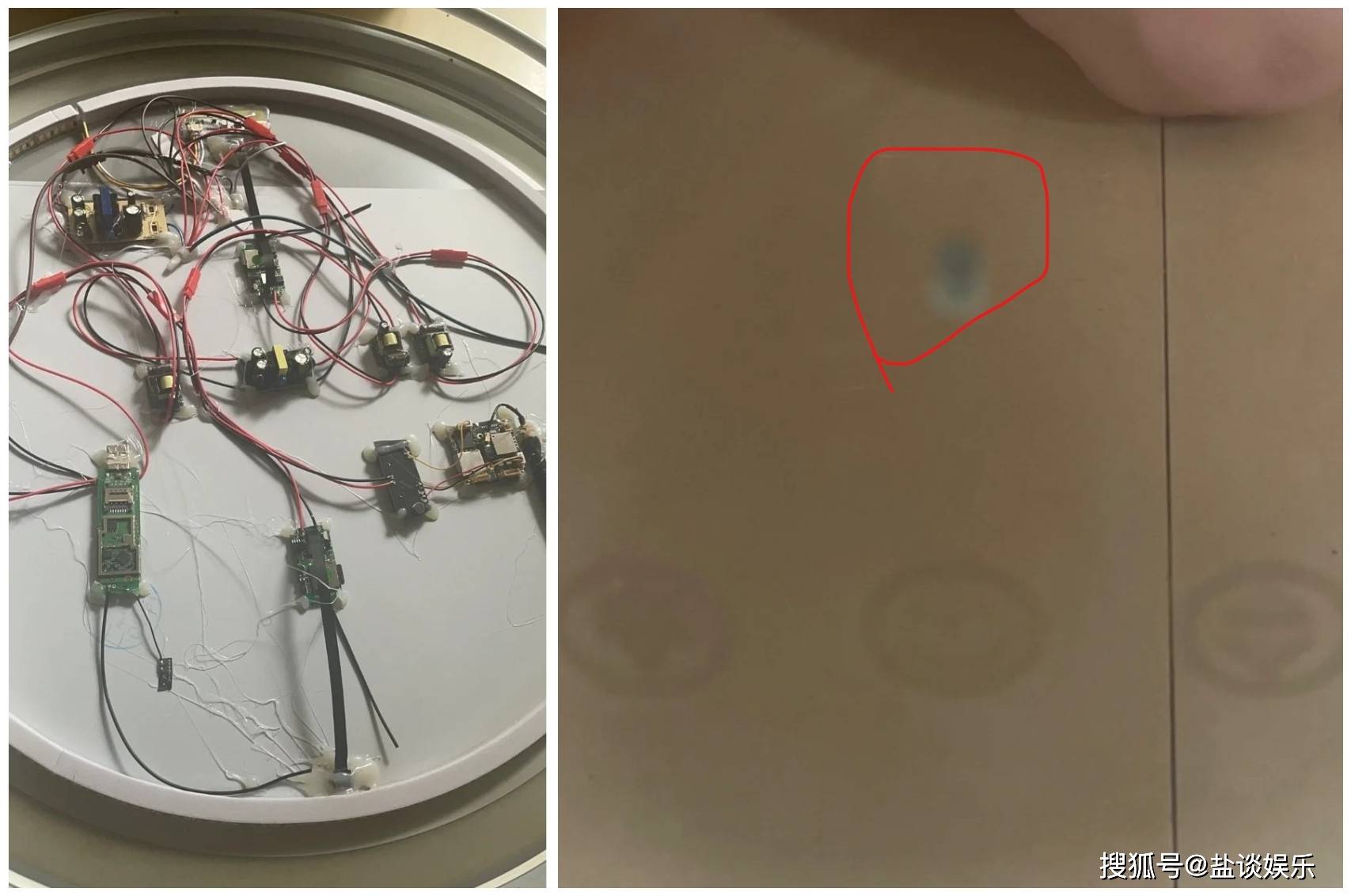 一看嚇一跳,鏡子背面是密密麻麻的電路,以及隱藏的4個針孔攝像頭,5張