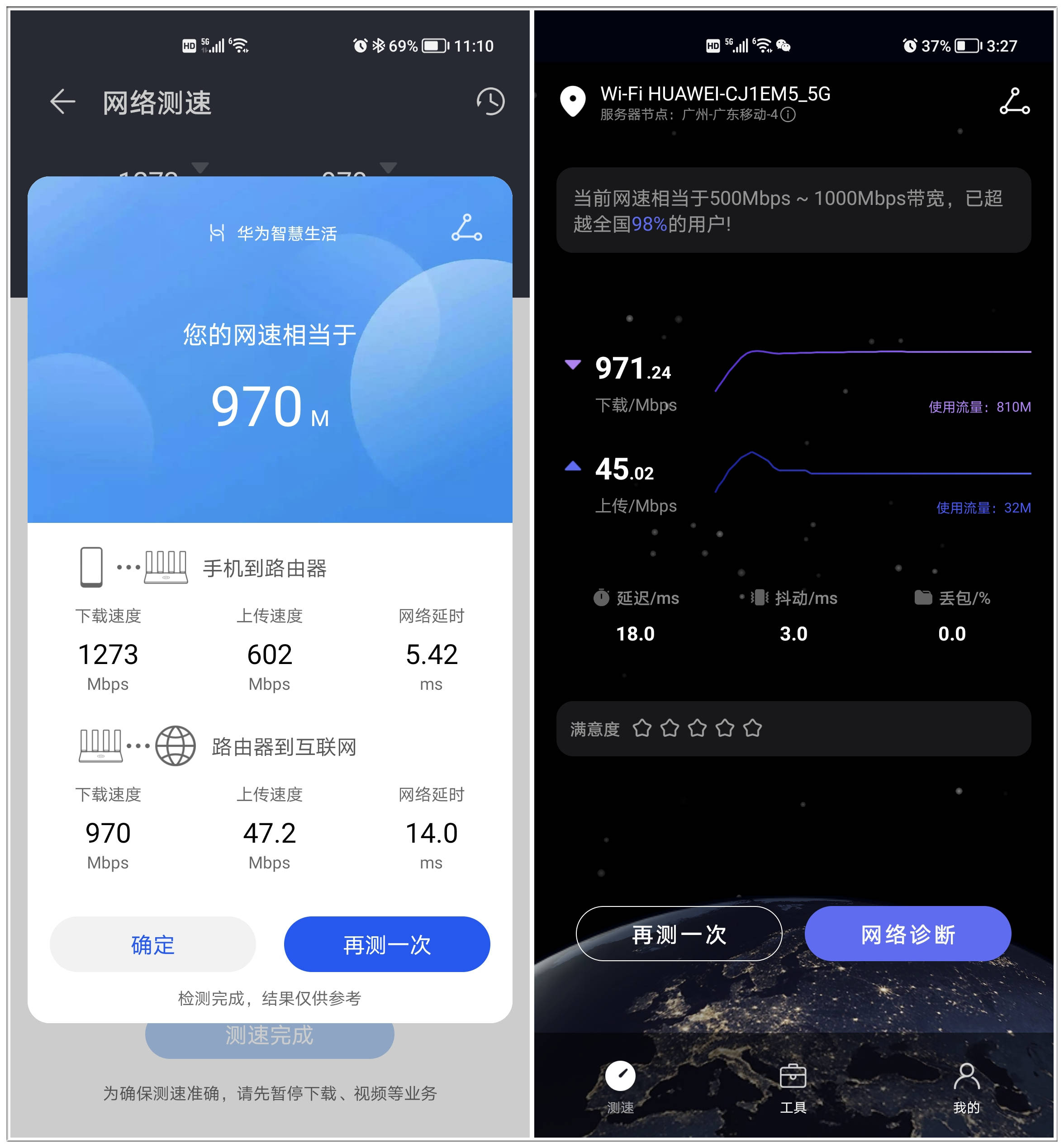 我家接入的是1000m的移动宽带在智慧生活app上有提供测网速功能
