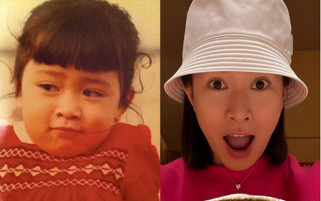 童年时期的佘诗曼的小脸像是气球一样鼓起来,梳着齐刘海,小眼睛还特别