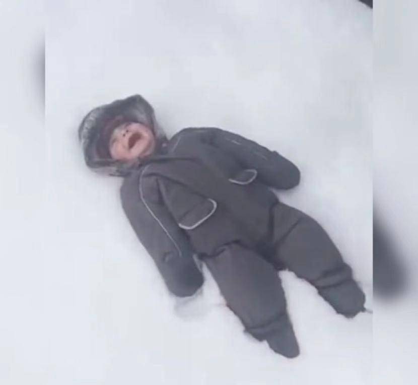 亲爸让娃第一次体验雪，娃的小表情亮了，网友：是自由飞翔的感觉
