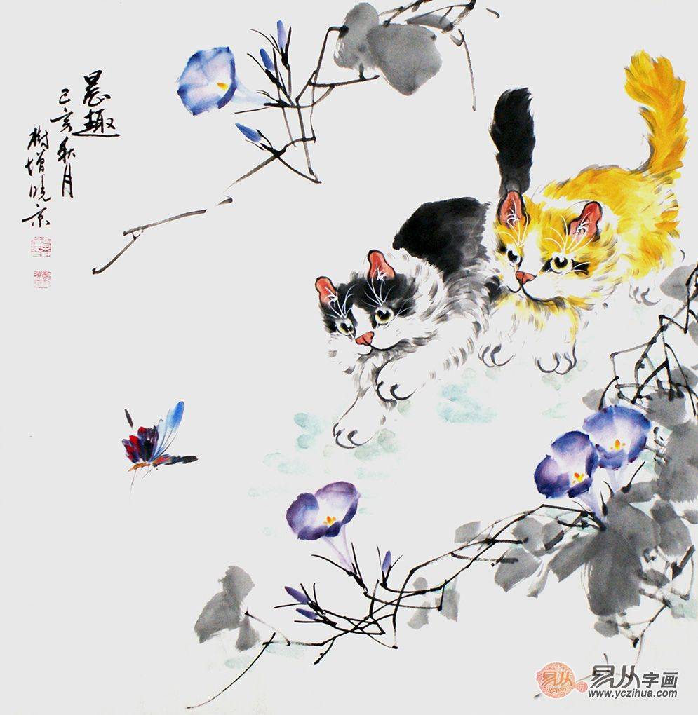 畫家鄭曉京寫意花鳥畫 怎一個美字了得_作品_小貓_國畫