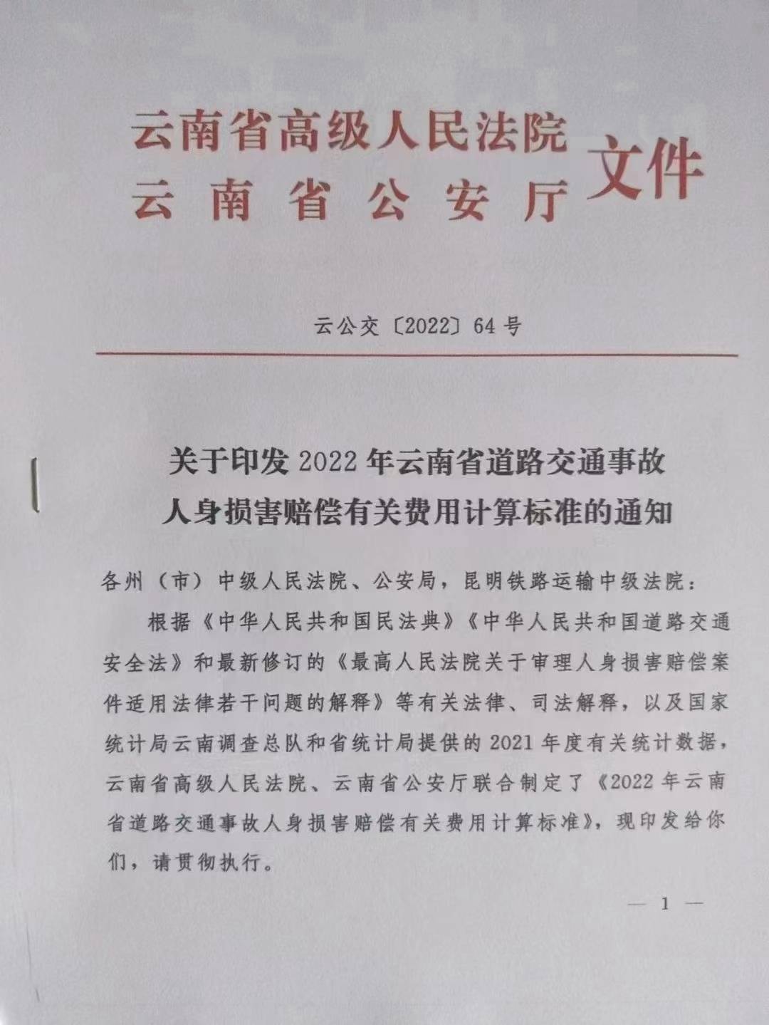 2022年云南省人损赔偿标准最新