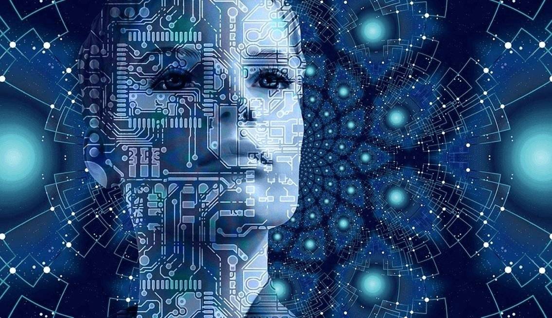 这是一张描绘人脸与电路板图案融合的图片，象征着人工智能或科技与人性的结合，背景是星空和神秘的蓝色光点。